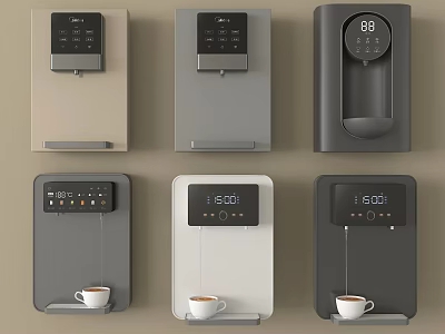 Various Designed Household Electric Coffee Machines With Different Colors Digital Displays and Coffee Cups 3d model