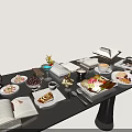 Assorted Food Plates On Dining Table With Open Books Coffee Cups And Fruits