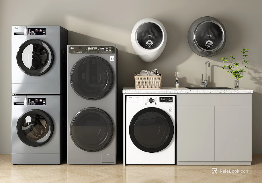 Stylish Modern Washing Machines In Home Laundry Room With Sink Cabinets And Plant 3d model 