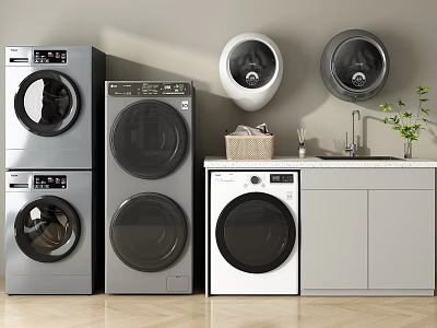 Stylish Modern Washing Machines In Home Laundry Room With Sink Cabinets And Plant 3d model