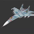 Military Fighter Jet Blue Green Camouflage Sleek Design with Mounted Missiles on Dark Reflective Background