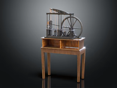 Vintage Industrial Machinery Model With Metal Structure And Large Wheel On Wooden Table 3d model