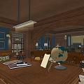 Office Interior with Dark Blue Walls Wooden Bookshelves Globe Desk and Leather Chairs