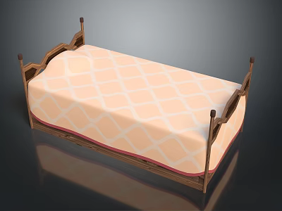 Classic Single Bed With Wooden Carved Frame And Light Pink Diamond Patterned Sheet 3d model