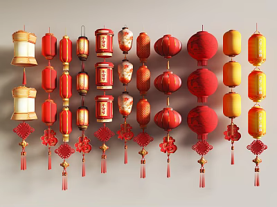 Festive Traditional Chinese Wall Decor With Hanging Red Yellow Lanterns And Knots 3d model