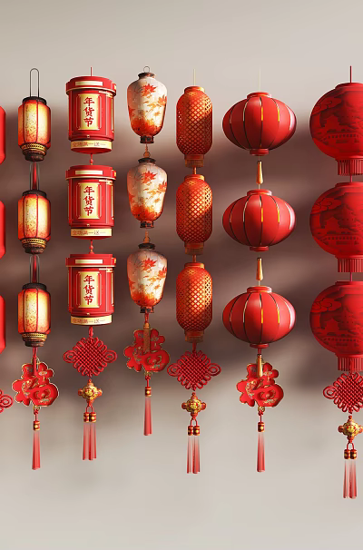 Festive Traditional Chinese Wall Decor With Hanging Red Yellow Lanterns And Knots 3d model