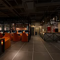 Modern Internet Cafe Interior With Orange Seats Computers And Bar Counter 3d model