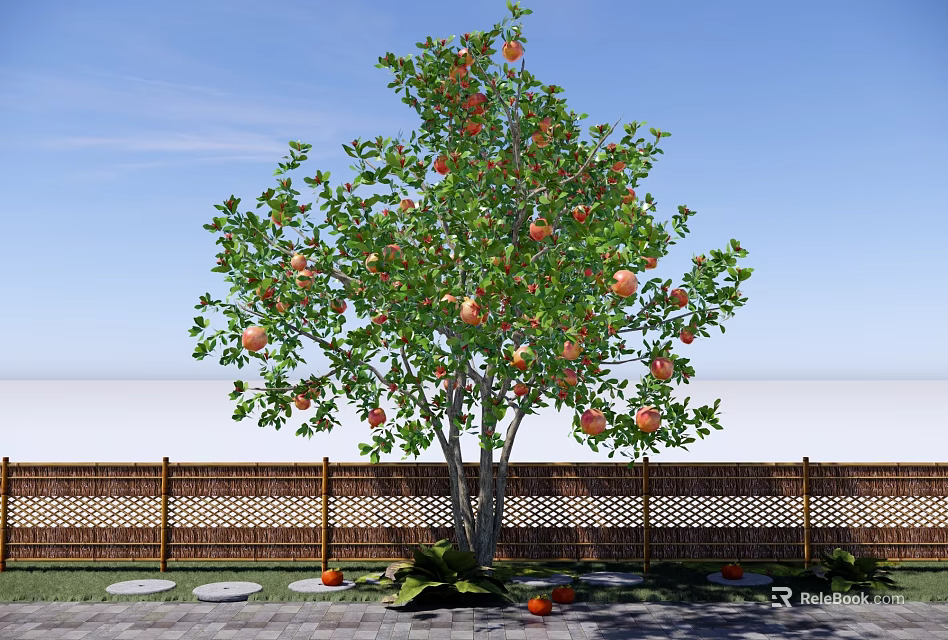 Garden Landscape Featuring Fruit Tree With Ripe Fruits Wooden Fence And Stone Path 3d model 