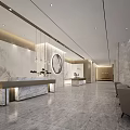 Modern Hotel Lobby Interior With Gray Sofas Chandelier Green Plant Marble Walls And Large Windows