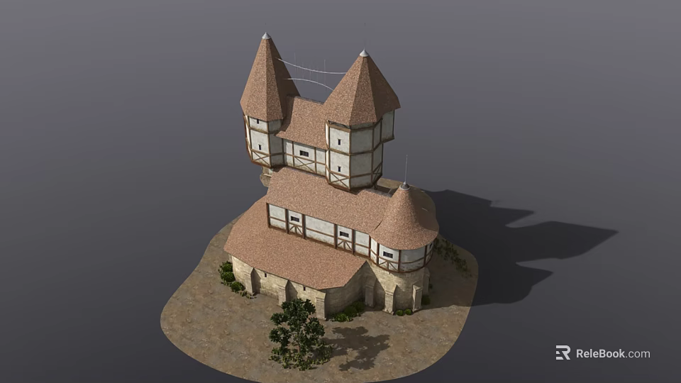 Medieval Castle Architecture With Spired Towers Stone Walls And Courtyard Vegetation 3d model 