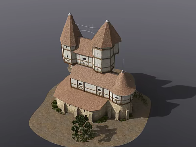 Medieval Castle Architecture With Spired Towers Stone Walls And Courtyard Vegetation 3d model