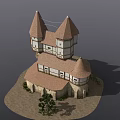 Medieval Castle Architecture With Spired Towers Stone Walls And Courtyard Vegetation