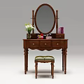 Wooden Dressing Table with Round Mirror Drawers Vase Flowers Purple Cup and Green Stool