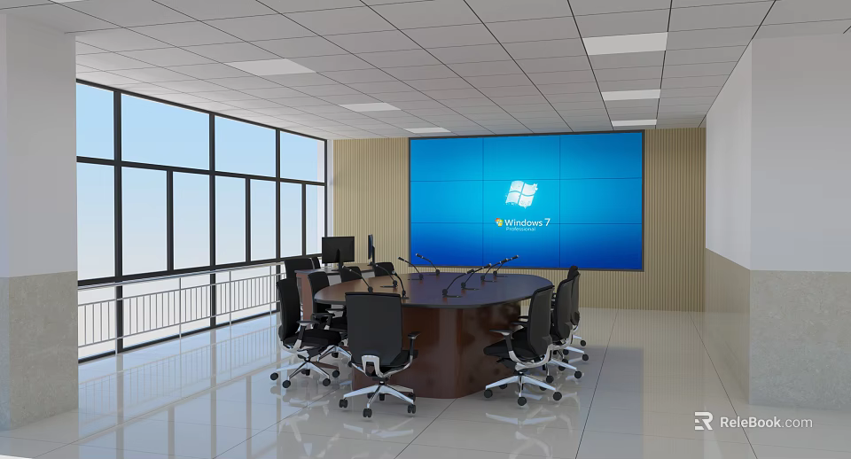 Modern Conference Room Featuring Large Blue Display Screen Round Table Black Chairs and Windows 3d model 