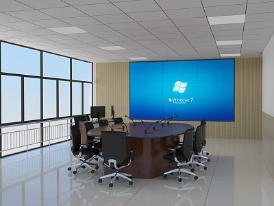 Modern Conference Room Featuring Large Blue Display Screen Round Table Black Chairs and Windows 3d model