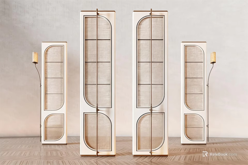 Modern Arched Room Dividers With Wooden Frame Mesh Panels And Floor Lamps 3d model 