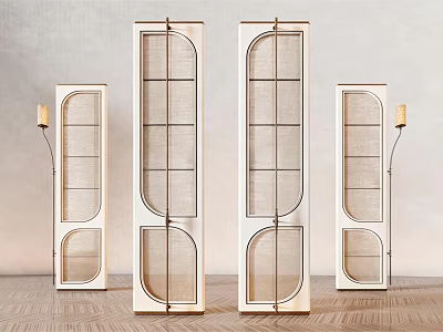 Modern Arched Room Dividers With Wooden Frame Mesh Panels And Floor Lamps 3d model