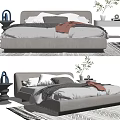 Modern Gray Double Bed With Soft Bedding Pillows And Side Table Plant Vase 3d model