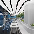 Modern Restaurant Interior With Curved Ceiling Blue Lighting And Astronaut Decor