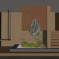 Indoor Modern Garden Feature with Hanging Stone Water Basin Green Plants and Wooden Stairs