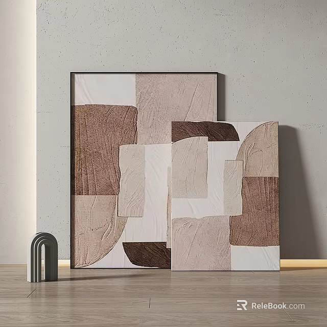 Two Abstract Paintings With Geometric Color Blocks In Brown Beige White Tones On Gray Wall 3d model 