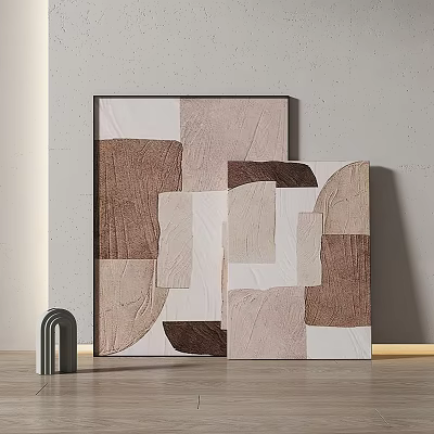 Two Abstract Paintings With Geometric Color Blocks In Brown Beige White Tones On Gray Wall 3d model