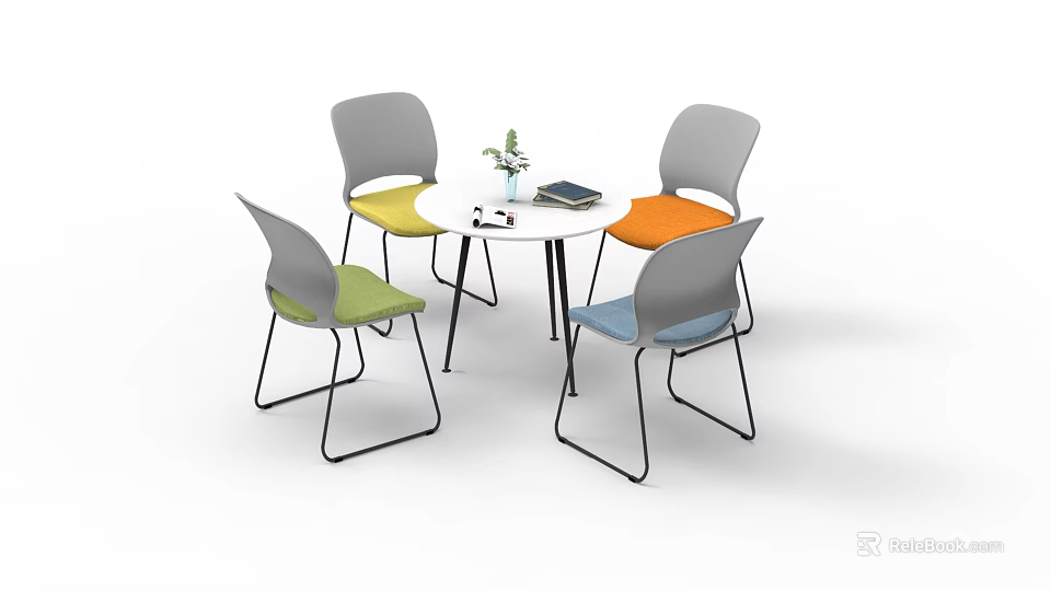 Round White Table with Four Colored Chairs Metal Legs Small Plant and Book 3d model 