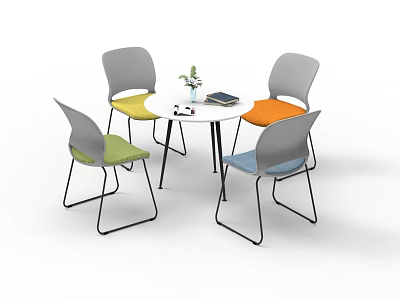 Round White Table with Four Colored Chairs Metal Legs Small Plant and Book 3d model