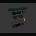 Five Black Cylindrical Tactical Weapons Stacked With Textured Surfaces And Brand Logos
