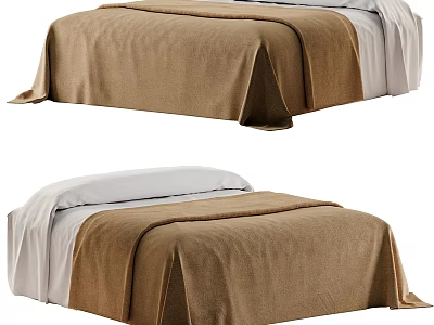 Double Bed With Soft Brown Blanket And White Linen Sheets Design 3d model