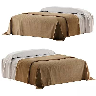 Double Bed With Soft Brown Blanket And White Linen Sheets Design 3d model