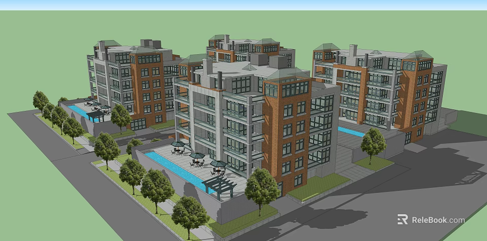 Modern Multi Story Apartment Complex Exterior Design With Swimming Pool And Trees 3d model 