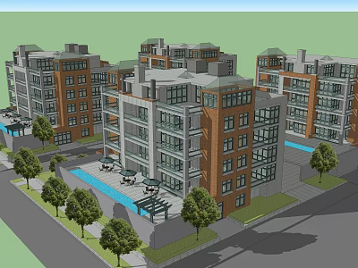 Modern Multi Story Apartment Complex Exterior Design With Swimming Pool And Trees 3d model