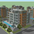 Modern Multi Story Apartment Complex Exterior Design With Swimming Pool And Trees