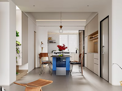 Modern Restaurant Interior Design Featuring Blue Dining Table Hanging Light Wooden Cabinets And Green Plants 3d model