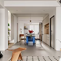 Modern Restaurant Interior Design Featuring Blue Dining Table Hanging Light Wooden Cabinets And Green Plants