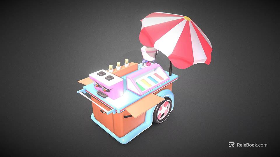 Colorful Food Cart With Red And White Striped Umbrella And Pastel Kitchen Tools 3d model 