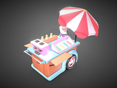 Colorful Food Cart With Red And White Striped Umbrella And Pastel Kitchen Tools 3d model