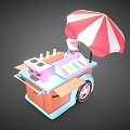 Colorful Food Cart With Red And White Striped Umbrella And Pastel Kitchen Tools