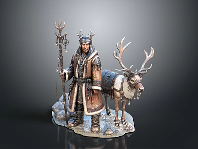 Shaman Figure With Reindeer Statue Fur Clothing Antler Headdress Trident Staff Saddle And Snow Base 3d model