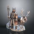 Shaman Figure With Reindeer Statue Fur Clothing Antler Headdress Trident Staff Saddle And Snow Base