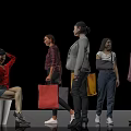 Diverse Women in Different Clothing Styles with Various Poses Against Black Background and White Floor
