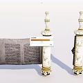 Antique White Pillars With Intricate Golden Patterns And Old Scroll With Text