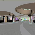School Hall Interior With Curved Structures And Students 3d model