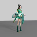 Game Movie Character In Green Traditional Outfit With Ornate Hairpiece And Flowing Ribbons