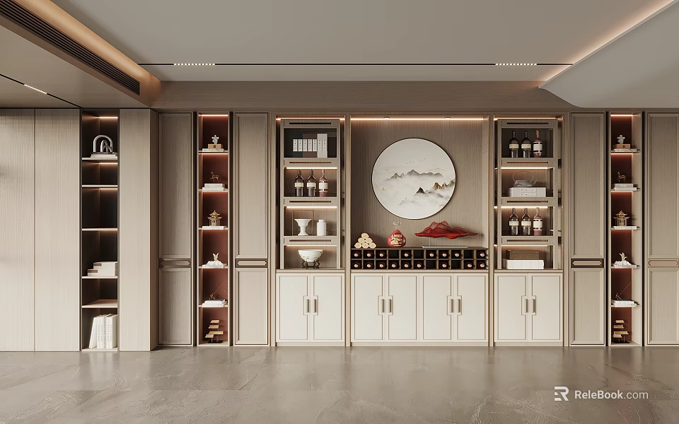 Modern Built in Wine Cabinet With Elegant Round Decorative Painting And Storage Shelves 3d model 