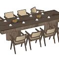 Modern Wooden Dining Table Set with Eight Chairs and Fruit Bowls Teacups