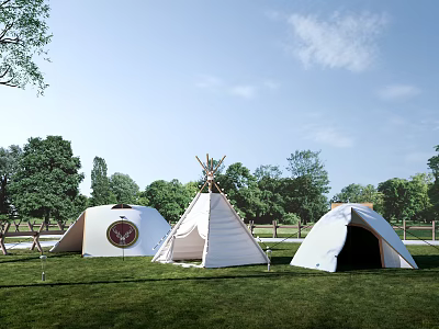 Outdoor White Dome and Tepee Tents in Green Grass with Trees Blue Sky Clouds 3d model