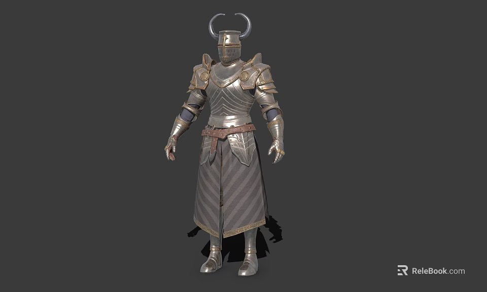 Standing Knight Character In Metallic Armor With Striped Robe And Belt 3d model 