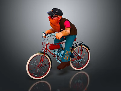 Cartoon Character Riding Red Bicycle With Black Hat Glasses And Beard 3d model
